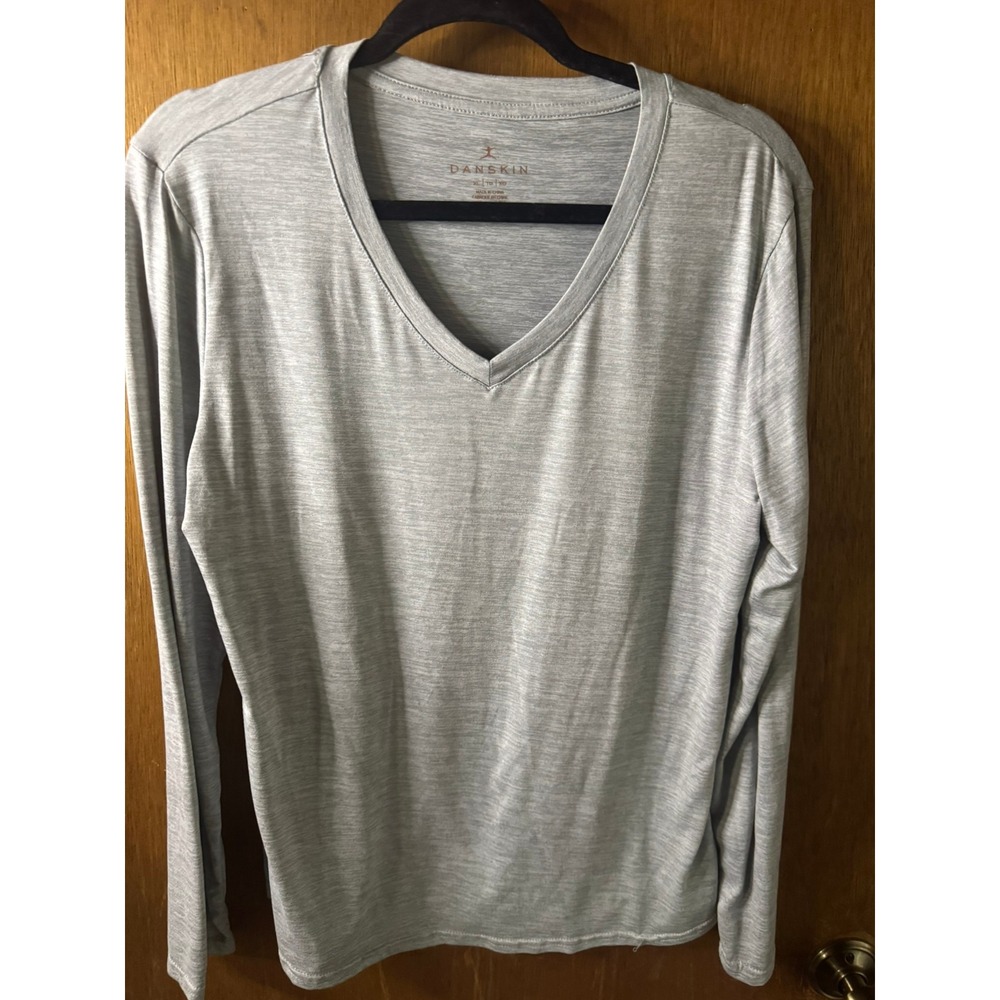 Danskin Womens XL Light Gray Heathered V-Neck Long Sleeve Activewear Shirt Top